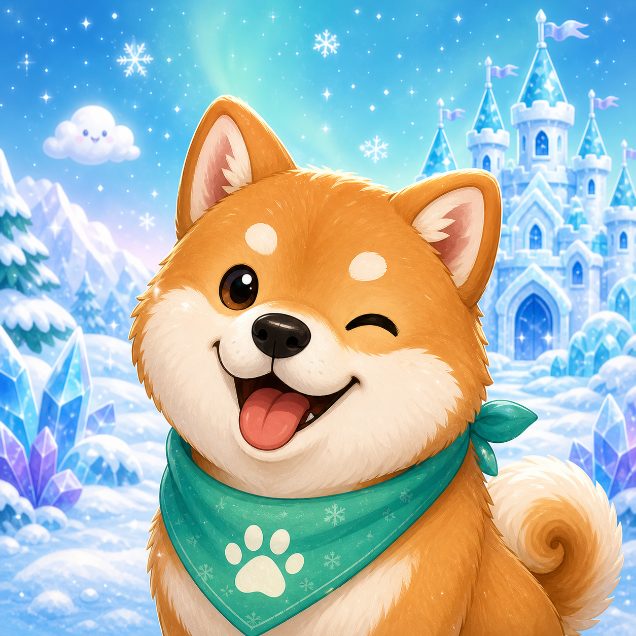 Boba the Shiba Inu winking in an ice kingdom