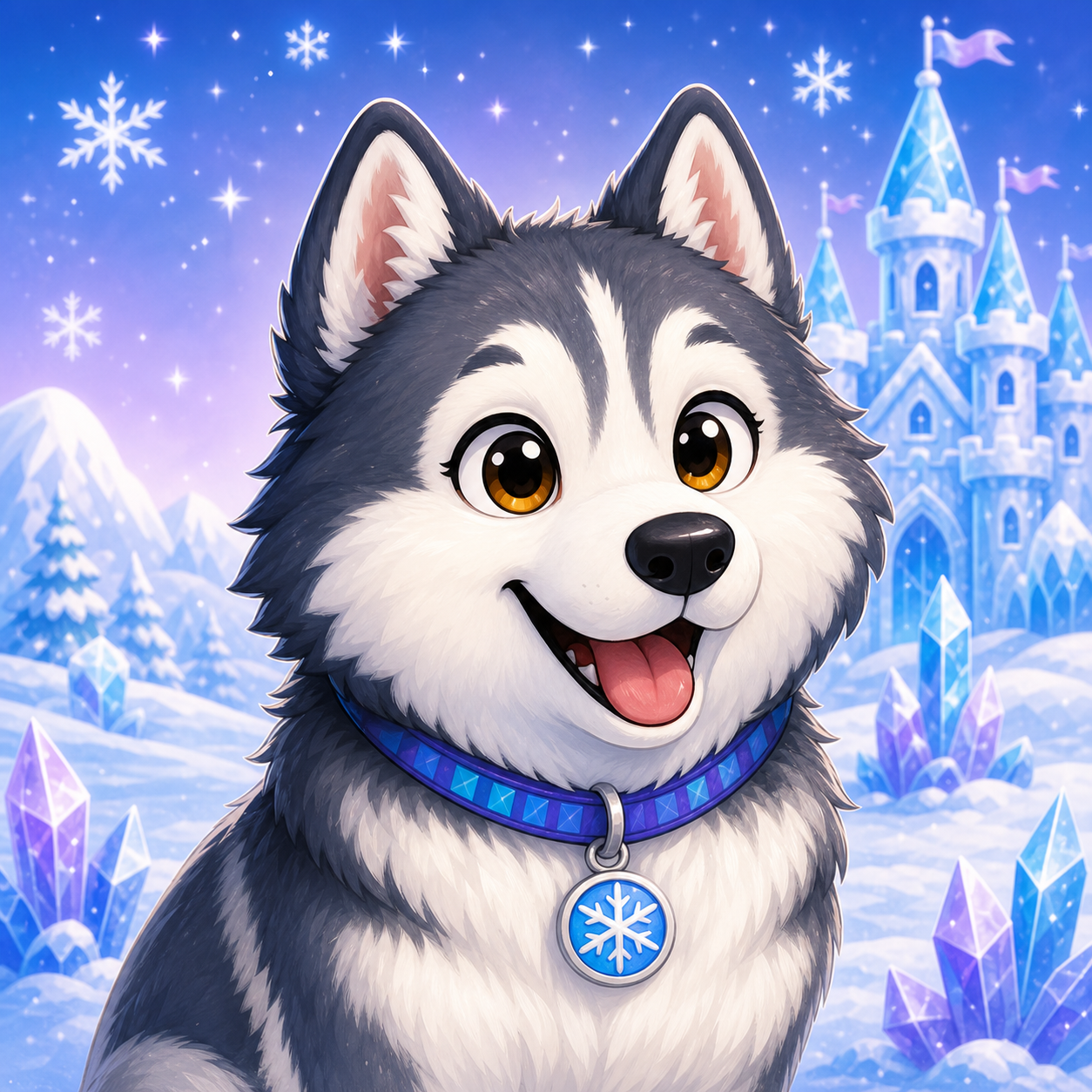 Echo the Siberian husky smiling in an ice kingdom