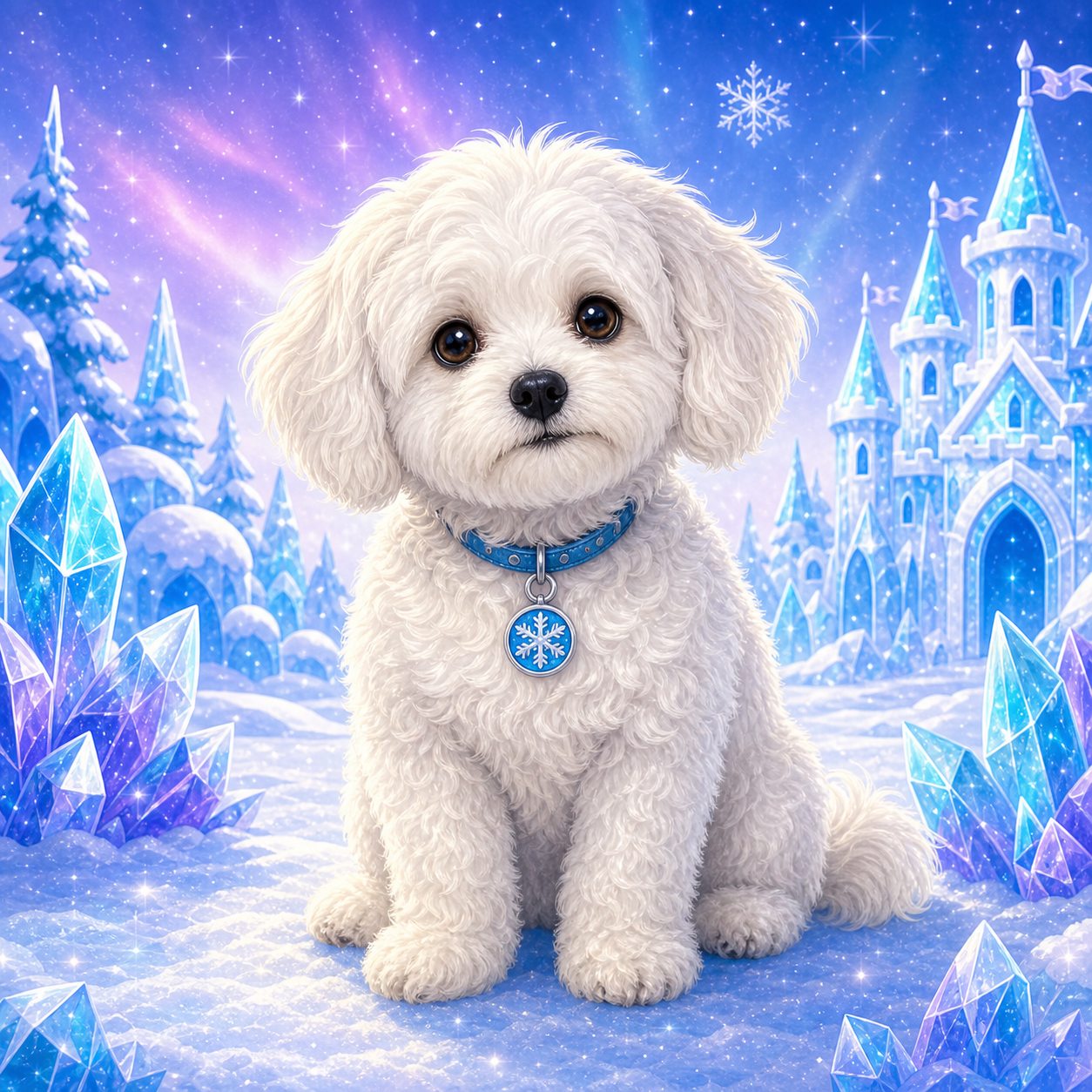Omi the white Maltipoo sitting in an ice kingdom