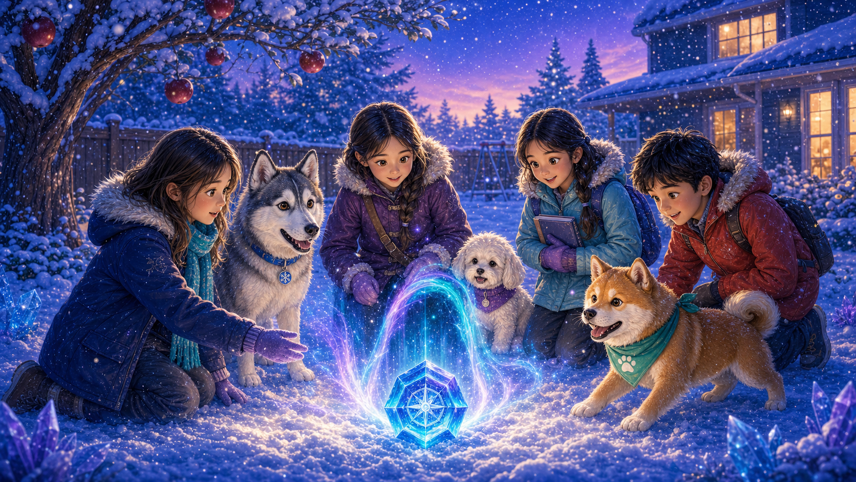Astrid, Echo, Boba, Omi, and friends discovering a glowing aurora crystal in a snowy backyard