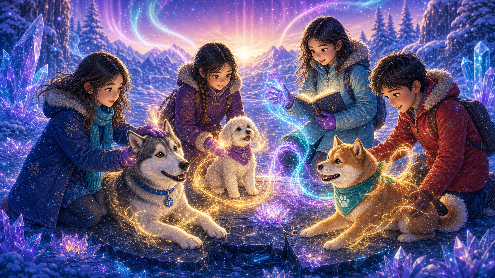 The children performing the Frostwild Rite of First Breath to call Echo, Boba, and Omi back with golden light