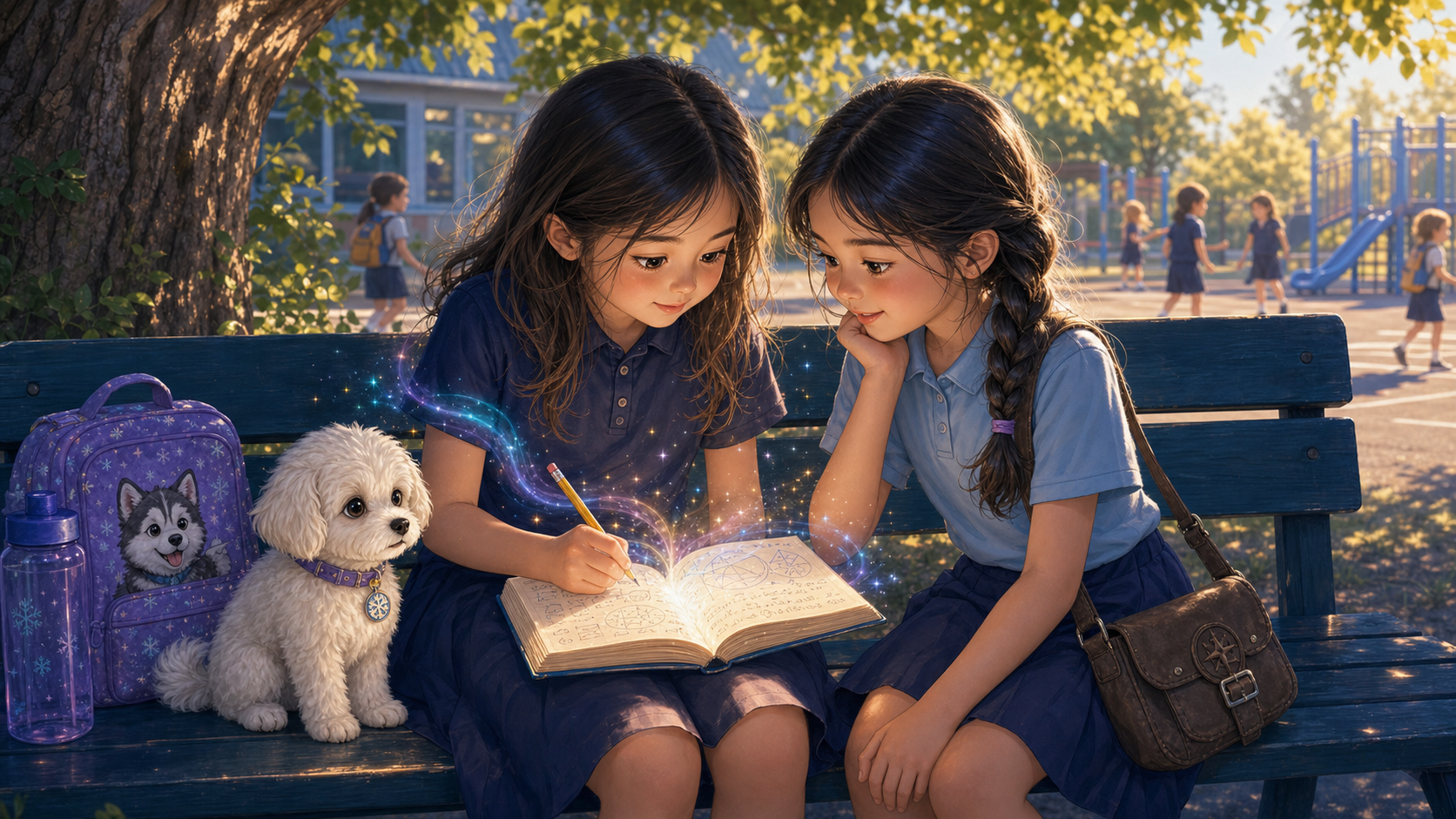Young Sydney and Penelope becoming friends over a notebook on a quiet playground bench