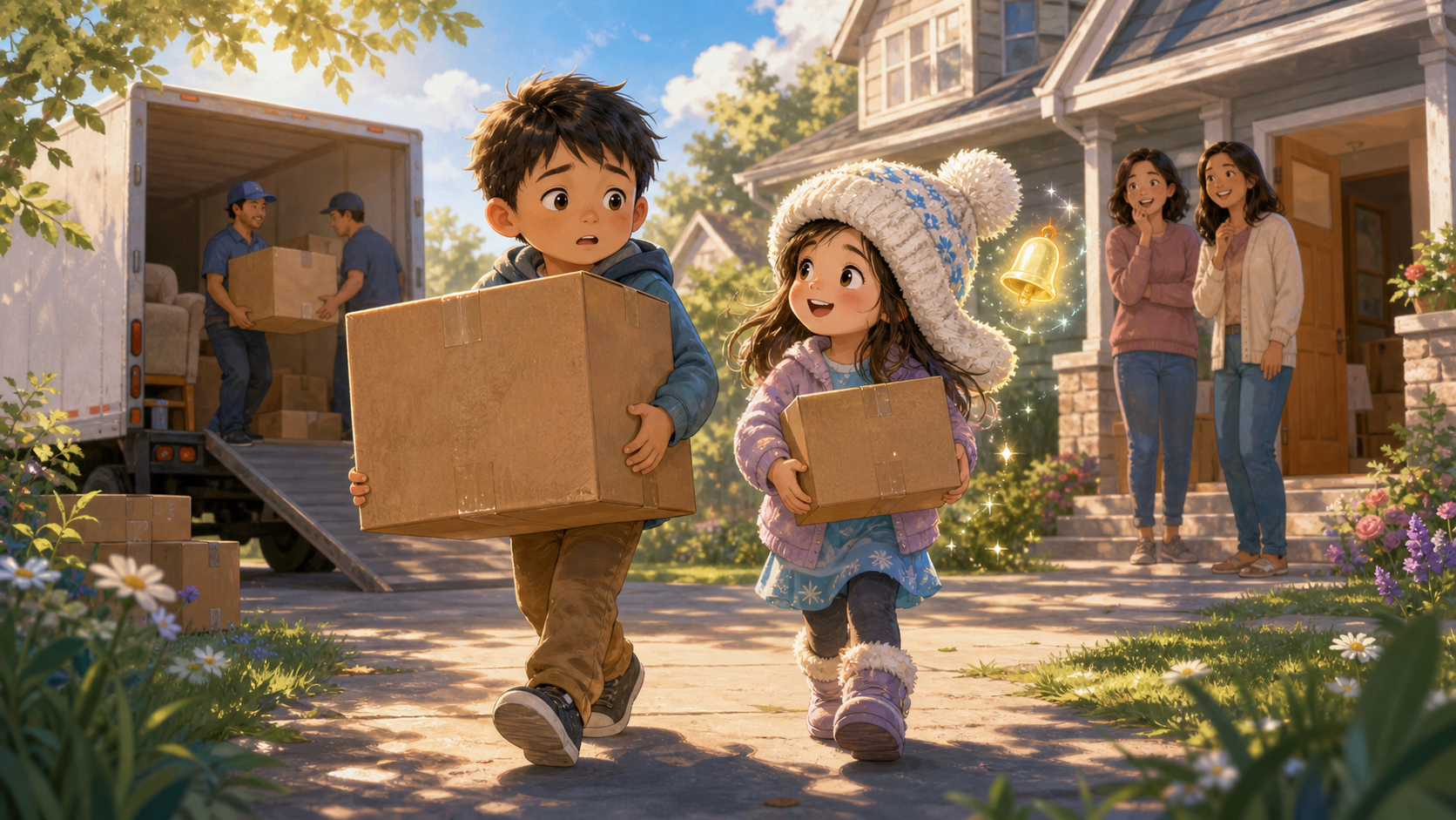 Young Astrid helping Kyle carry moving boxes on the day their friendship began