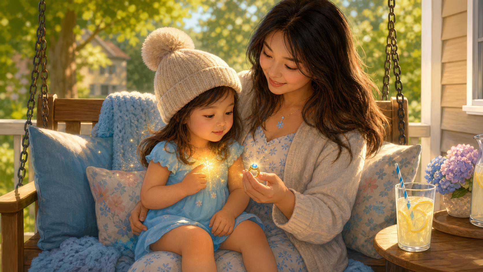 Young Astrid on a porch swing with Aunt Catherine as a lost blue-stone ring glows softly