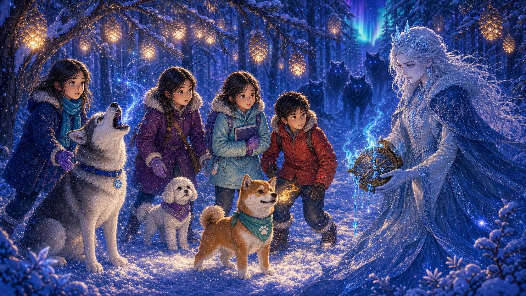 The sisters, friends, Echo, Boba, and Omi facing Veyra Frostveil among glowing Lantern Pines