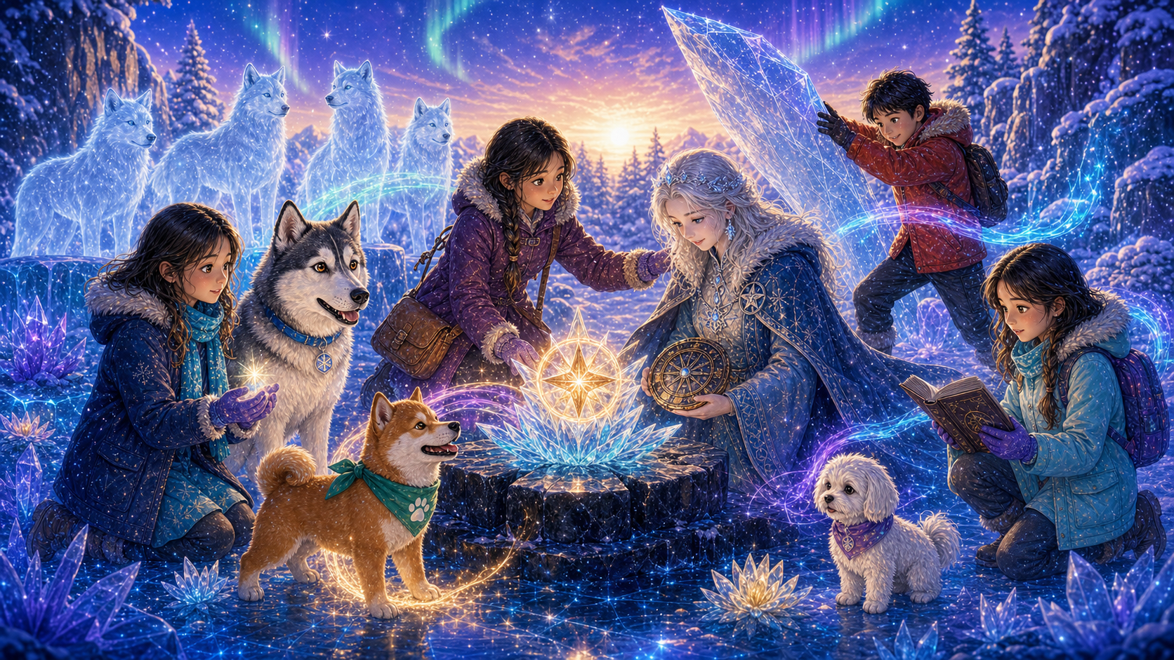 The friends, Echo, Boba, Omi, Veyra, and the freed wolves forming the Aurora Bridge around the Icebound Star